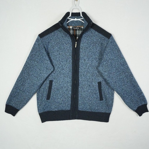 YeoKou Mens Cashmere Wool Blend Full Zip Cardigan Sweater Blue Plaid Lined XL - Picture 2 of 10